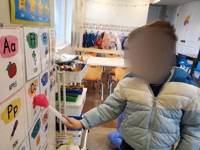 A preschool boy reaching for a picture card on a classroom alphabet wall