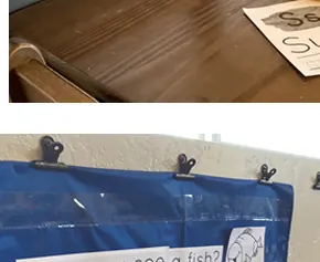A blue classroom pocket chart holding sentence strips that read “Can you see a fish?” and “Can you see an octopus?”